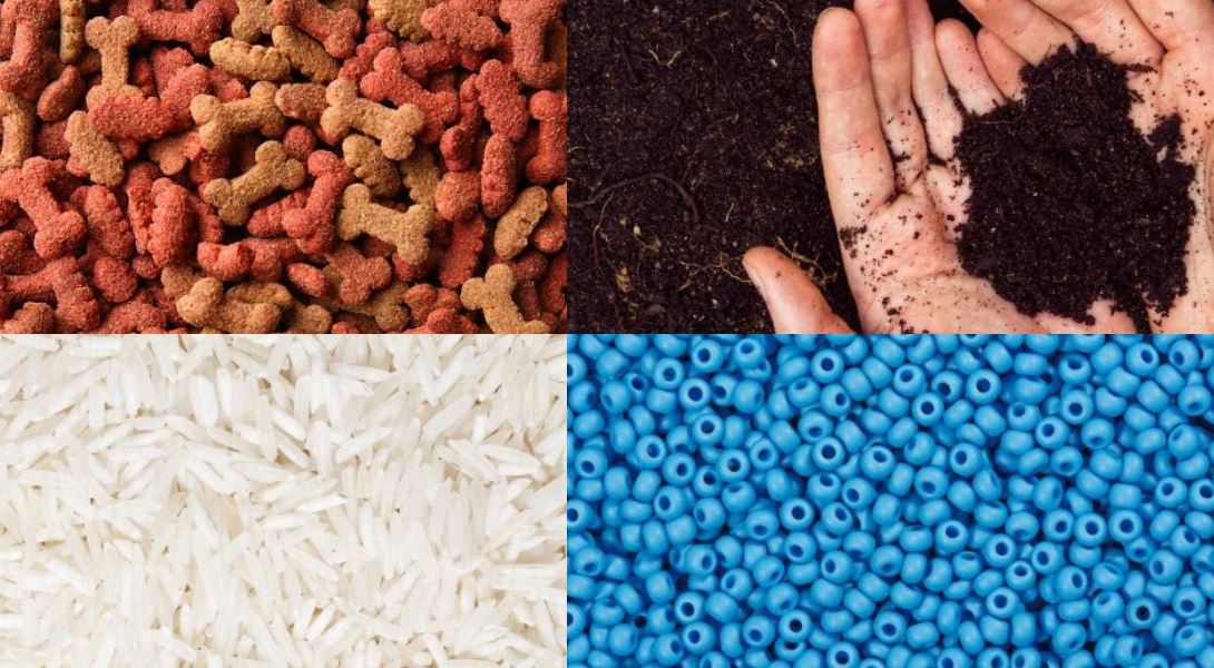 Picture showing four different types of products, including dog food, soil, rice and plastic pellets 